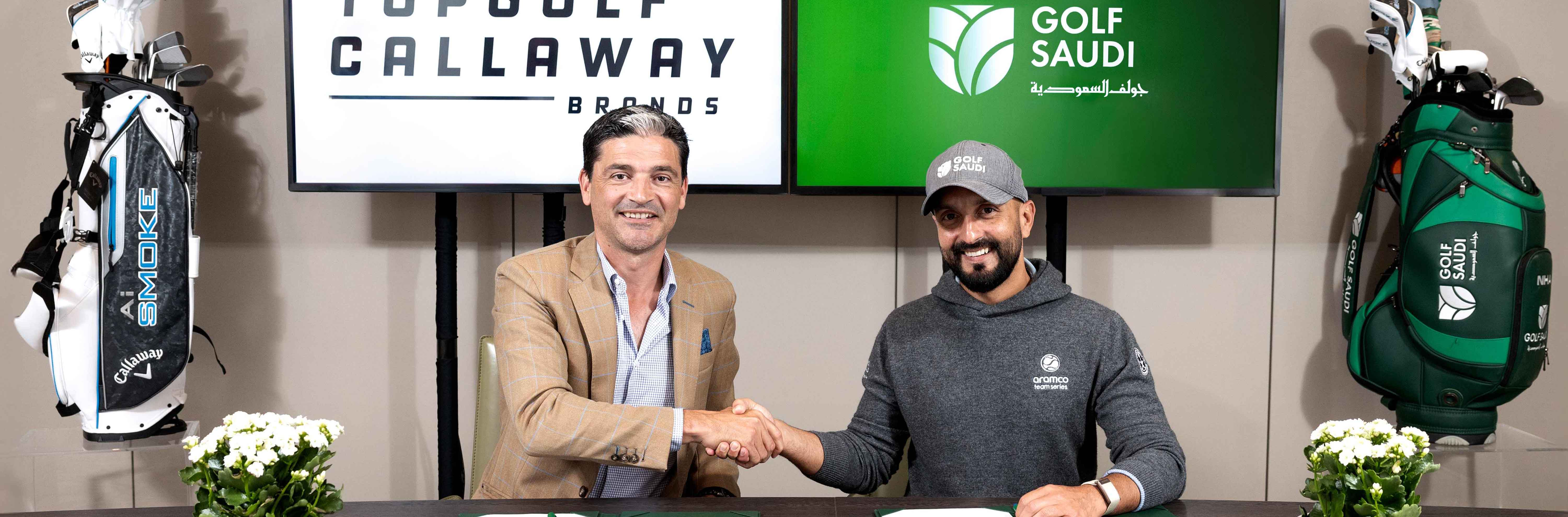 Golf Saudi and Topgolf Callaway Brands representatives announcing their partnership