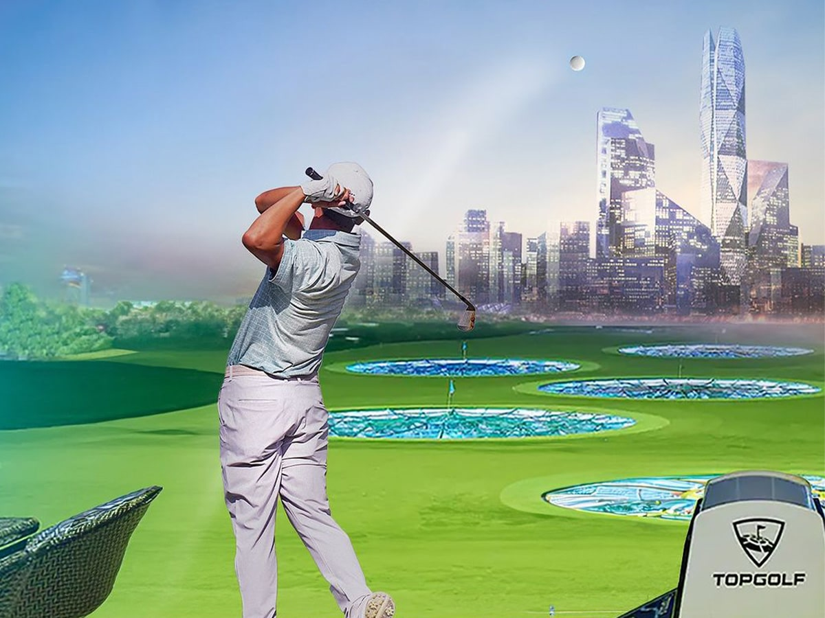 Topgolf concept venue overlooking the Riyadh skyline